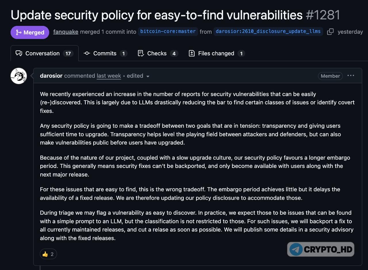 AI Forces Bitcoin Core Developers to Change Security Rules