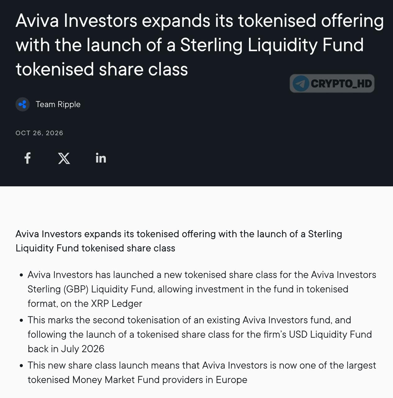 Aviva launches fund on XRP Ledger