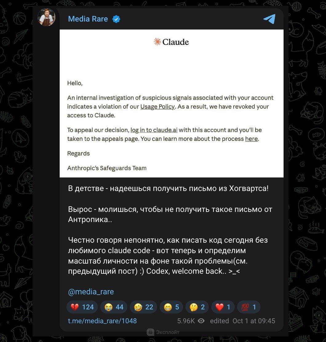 Официально: Claude снова массово банит айтишников из РФ