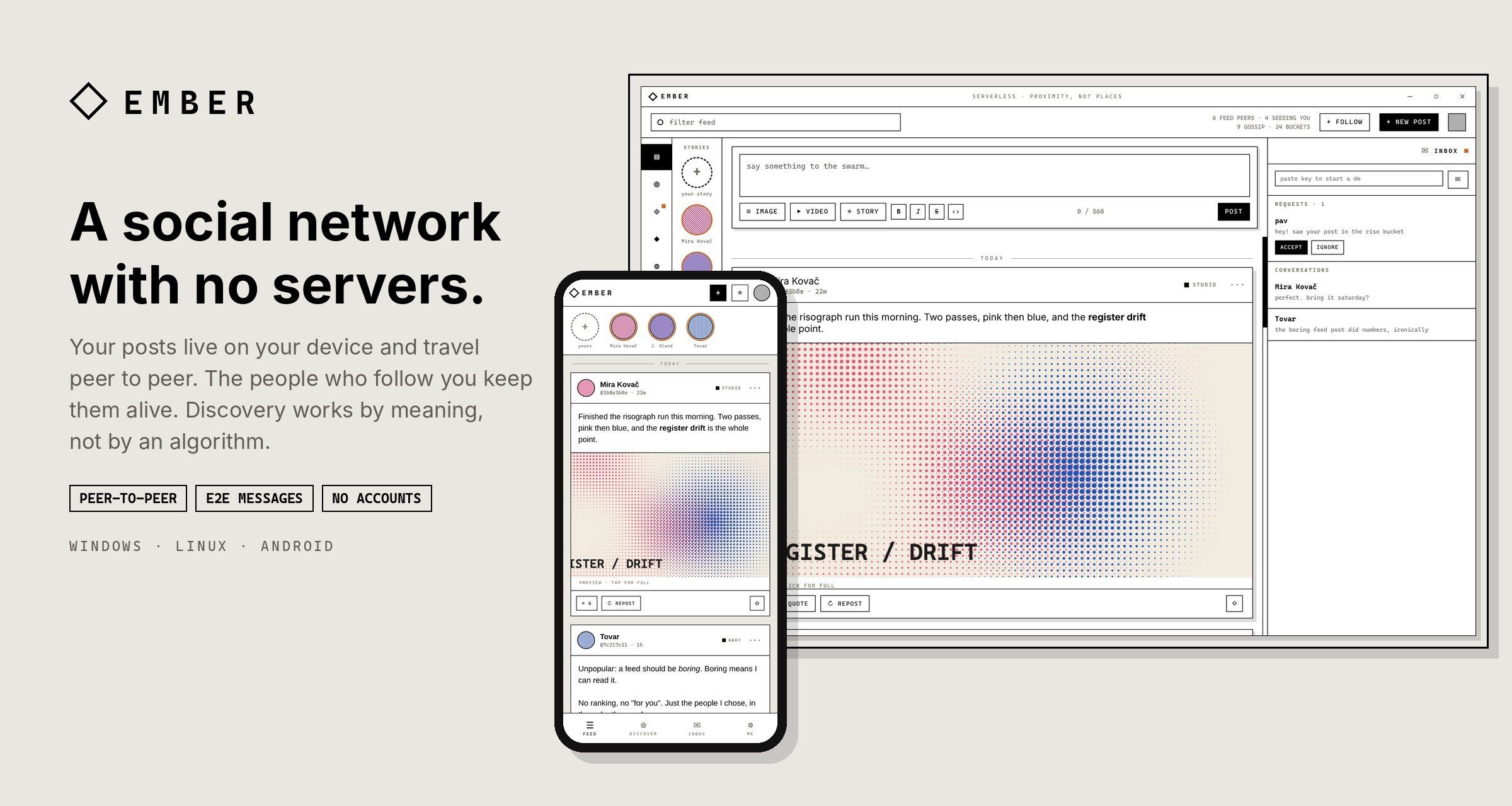Decentralized Social Network ember-p2p Without Servers or Algorithms
