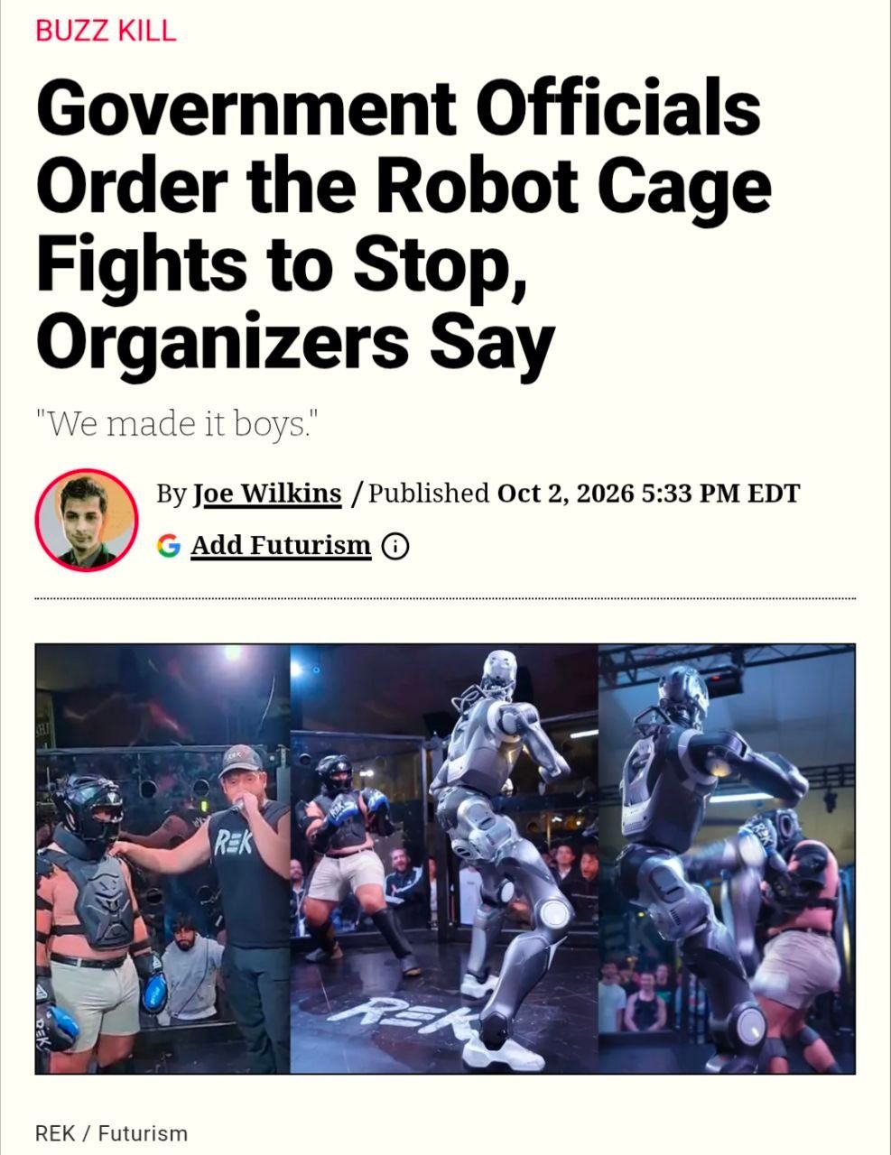 US to Ban Human-Robot Fights