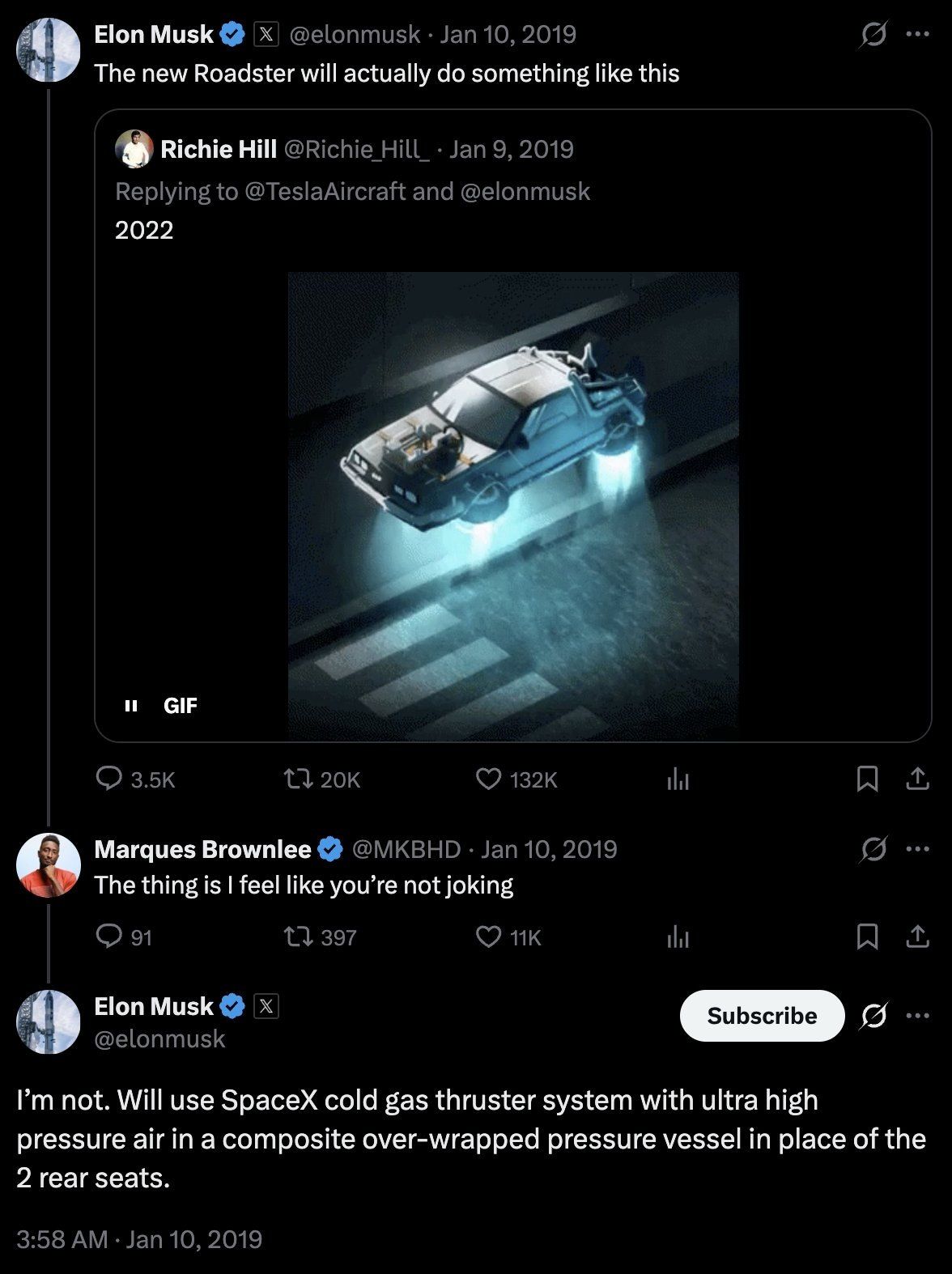 Маск подтвердил проект летающей Tesla Roadster
