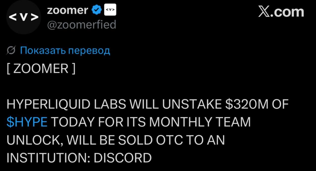 Hyperliquid Labs разблокирует 320 млн токенов HYPE