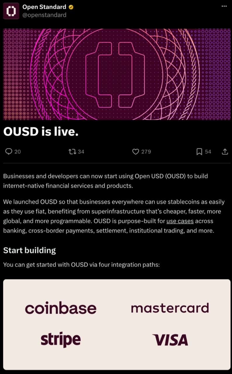 Запуск институционального стейблкоина Open USD (OUSD)