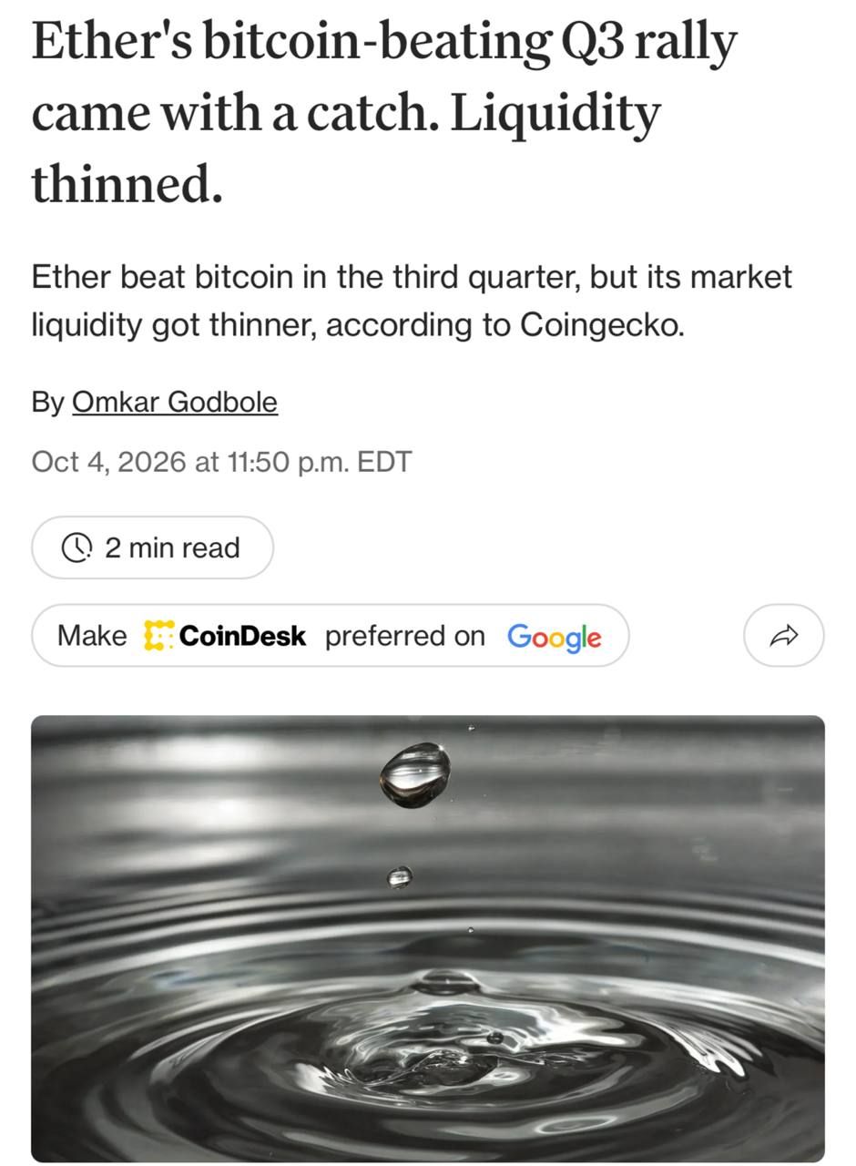 Рост ETH опережает BTC, но ликвидность рынка снижается