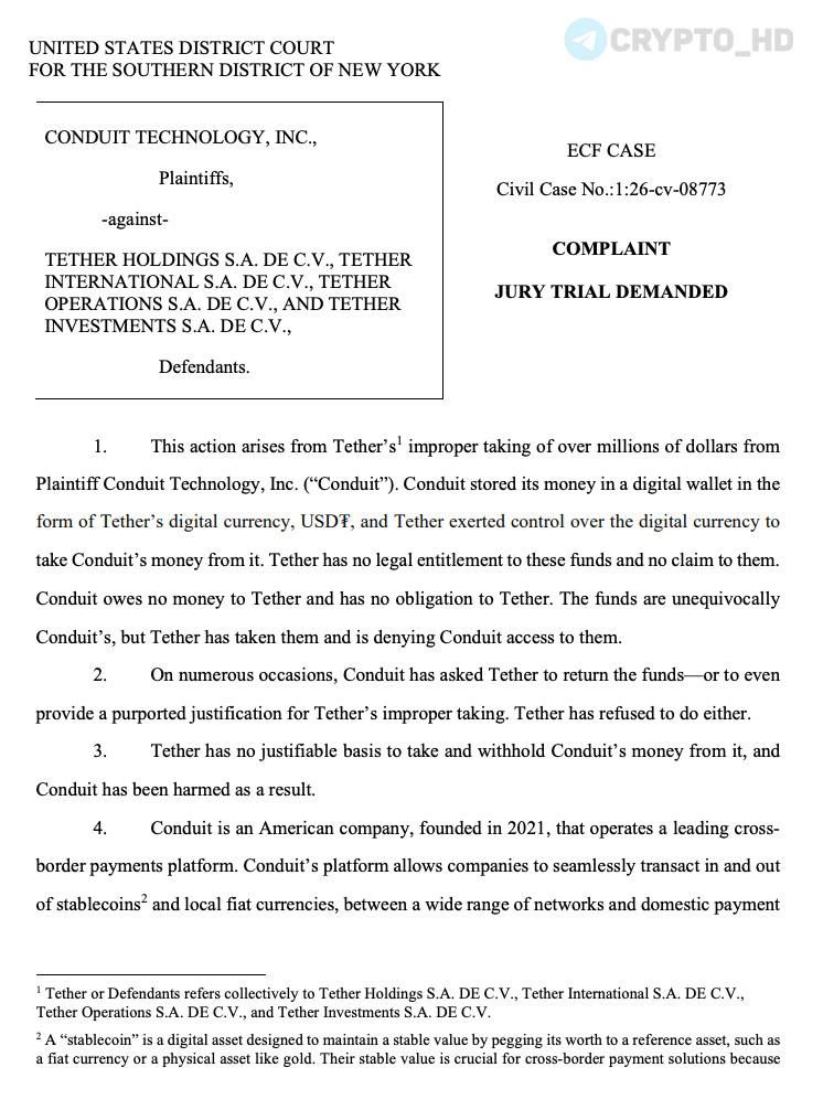 Conduit подала в суд на Tether из-за блокировки $2,76 млн