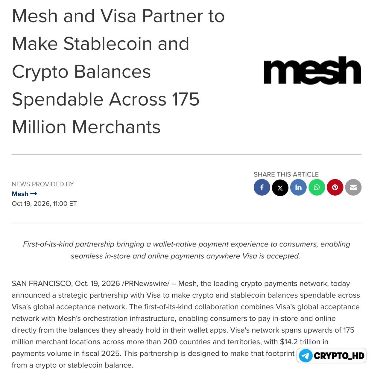 Visa и Mesh позволят платить криптовалютой в 175 млн магазинов