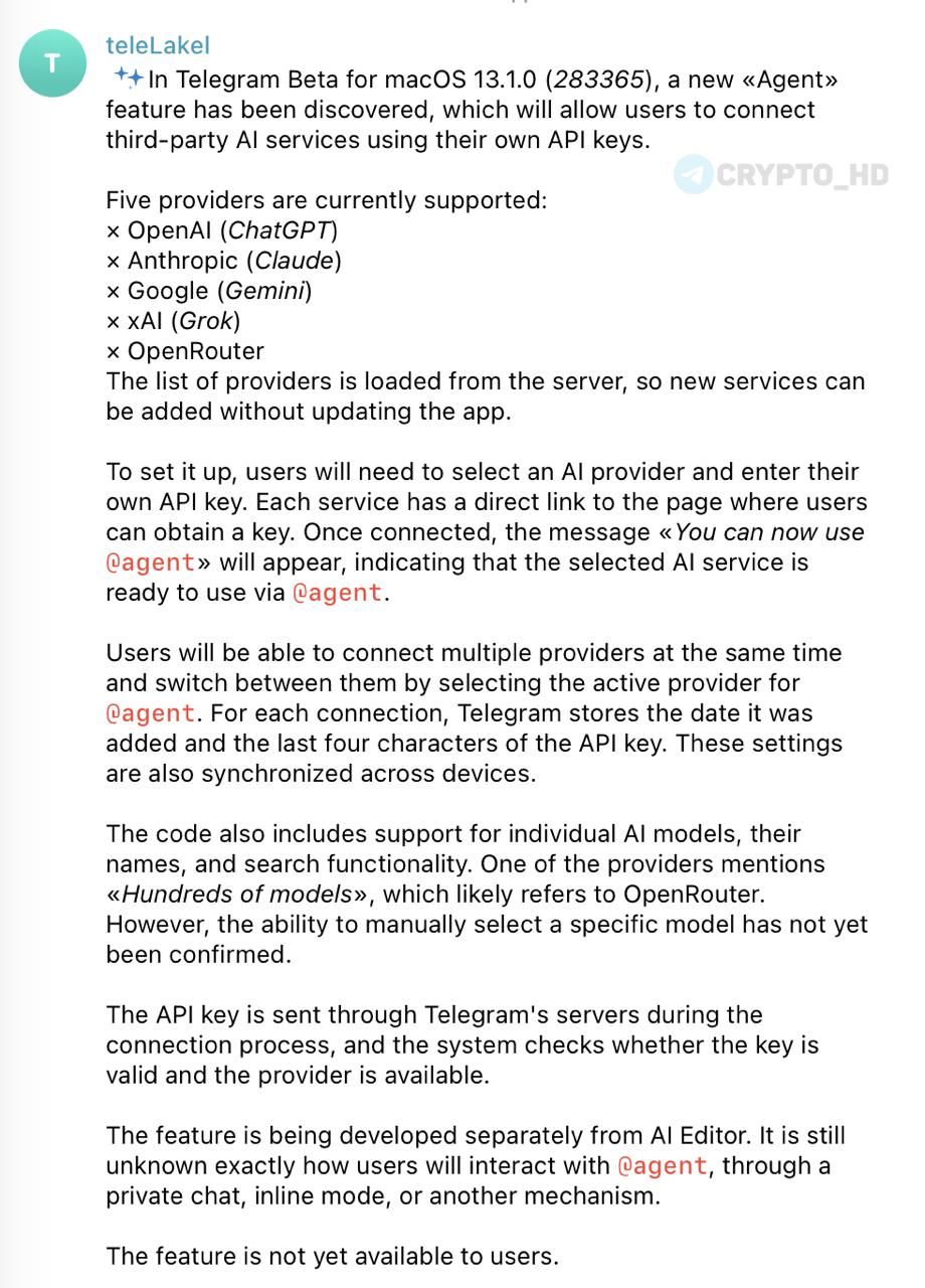 Telegram to add support for AI models via Agent function