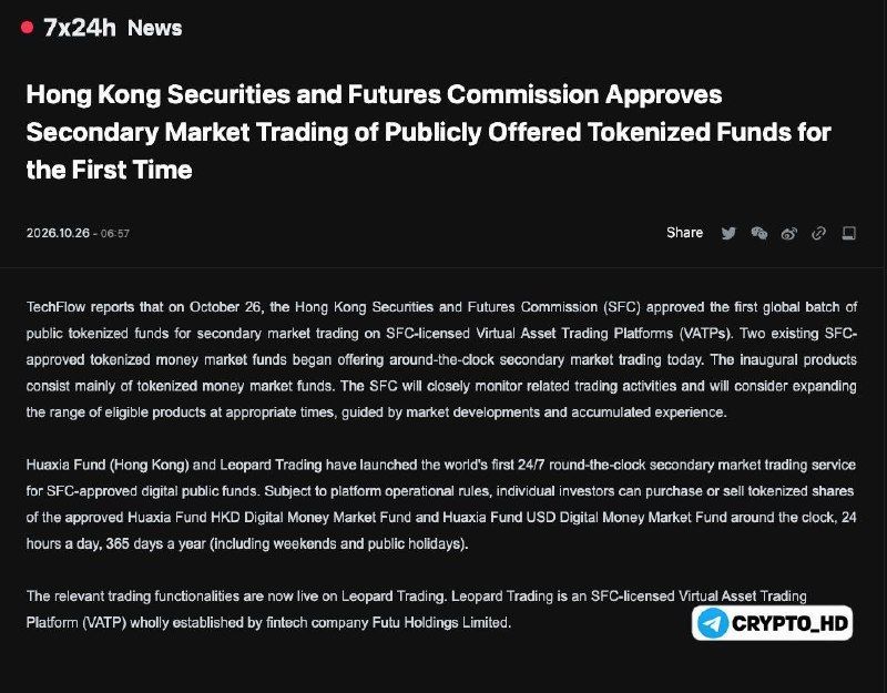World's First 24/7 Trading of Tokenized Funds in Hong Kong