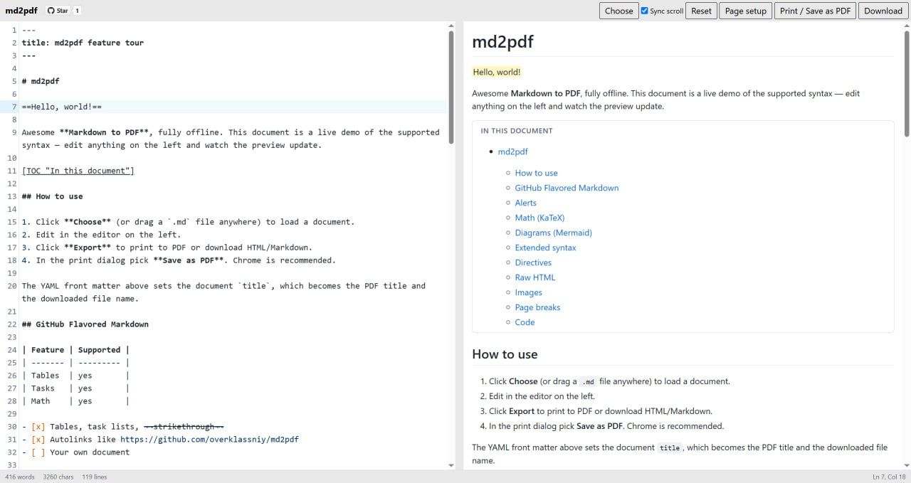 Markdown Editor md2pdf: Export to PDF and HTML in Browser