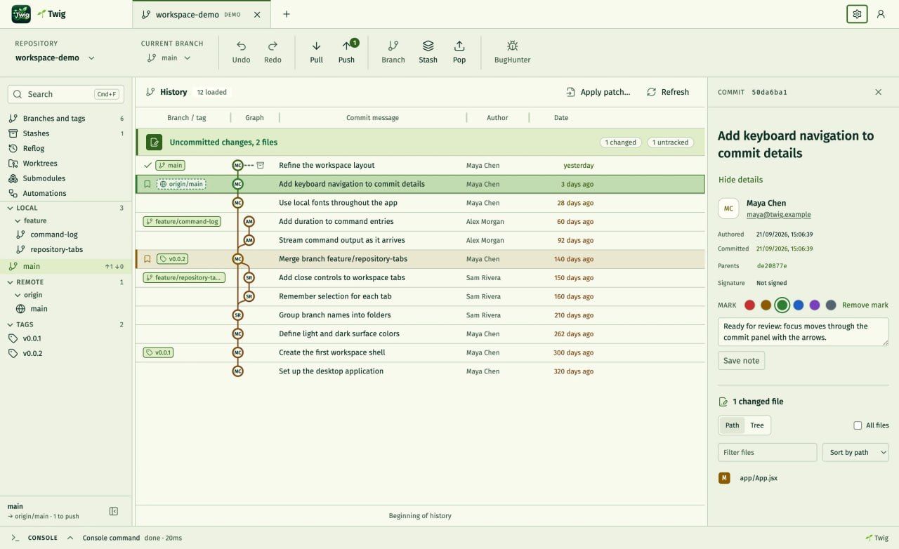 Git Client Twig with Automation and Command Log