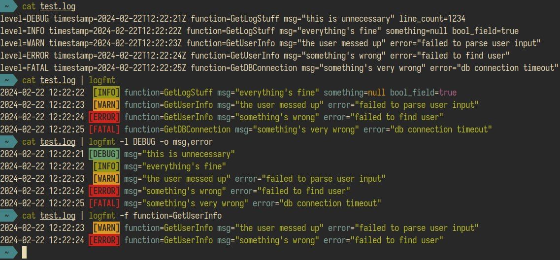 Logfmt — a simple logfmt CLI tool for coloring, analyzing