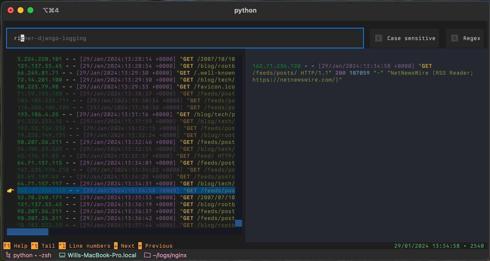 Toolong — terminal application for viewing, tracking, merging and searching…